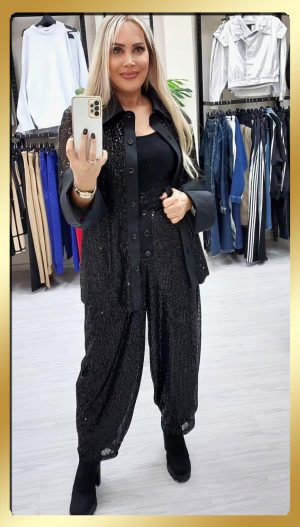 Payetli Havuç Model Bol Pantolon (Siyah)