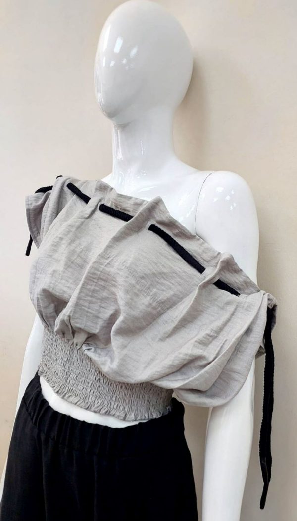 İp Detaylı Beli Gipeli Straplez Crop (Taş) - Görsel 6