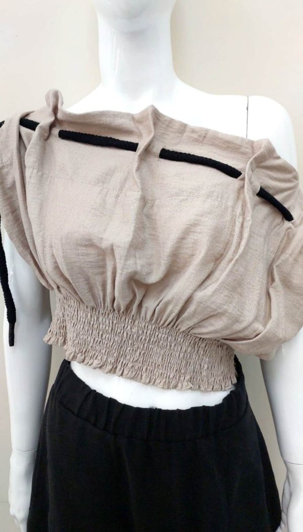İp Detaylı Beli Gipeli Straplez Crop (Camel) - Görsel 9