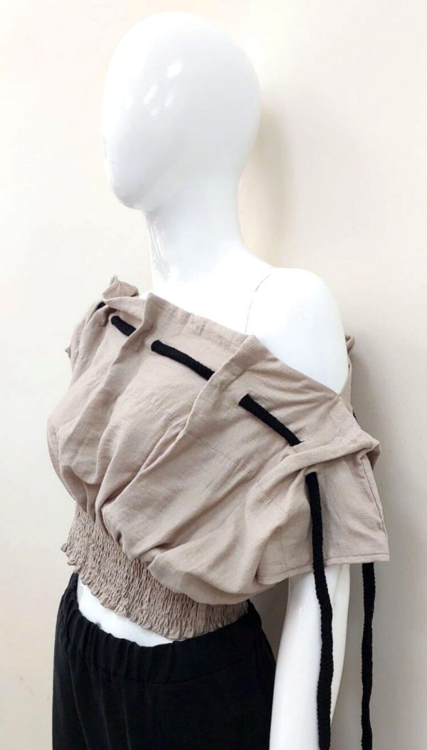 İp Detaylı Beli Gipeli Straplez Crop (Camel) - Görsel 5