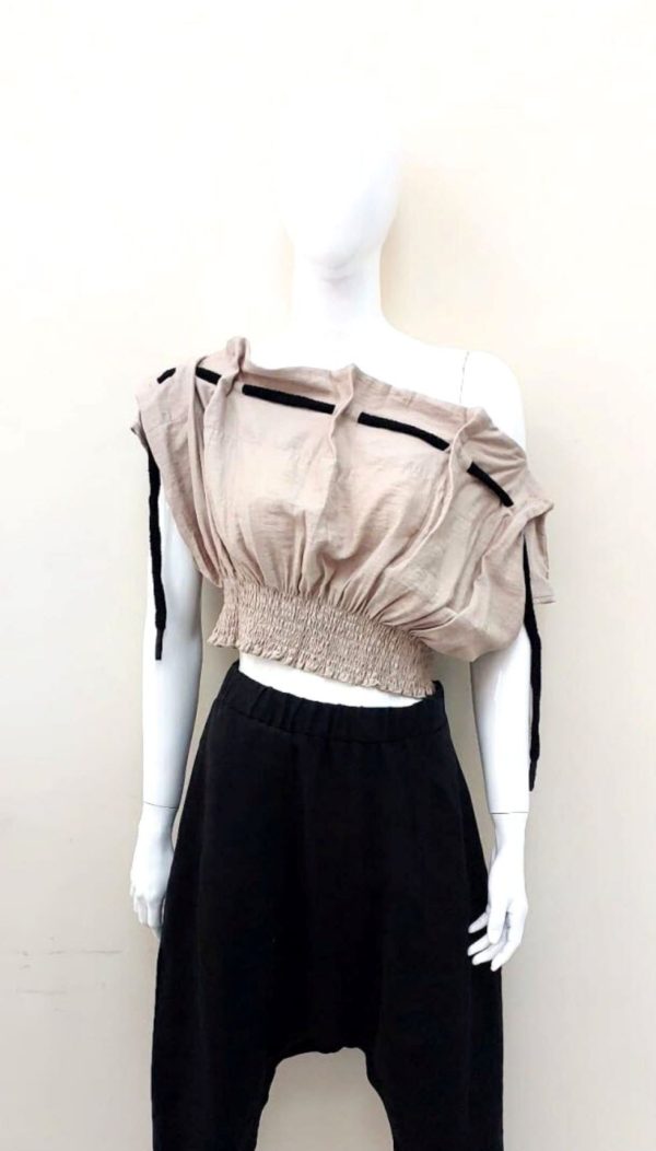 İp Detaylı Beli Gipeli Straplez Crop (Camel) - Görsel 6