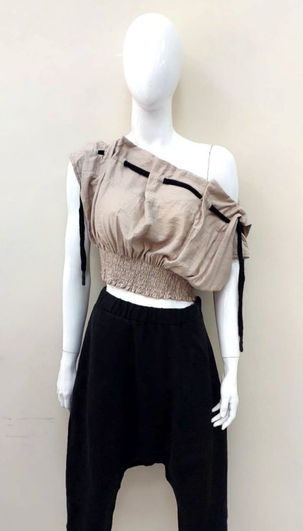 İp Detaylı Beli Gipeli Straplez Crop (Camel) - Görsel 7