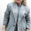 Kaşe Kumaş Astarlı Cepli Çizgili Oversize Gri Ceket