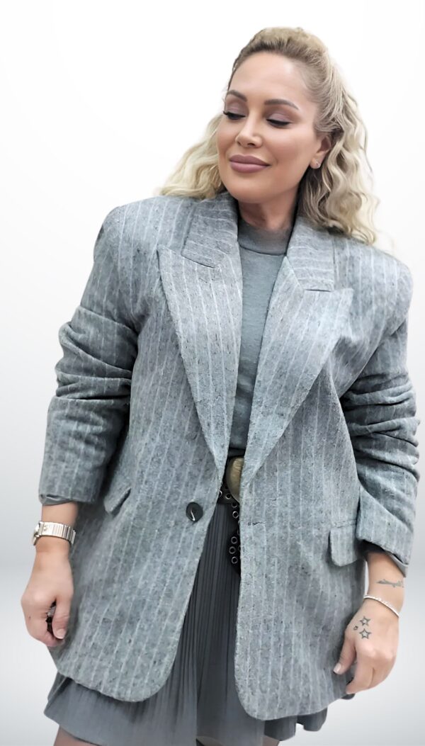 Kaşe Kumaş Astarlı Cepli Çizgili Oversize Gri Ceket
