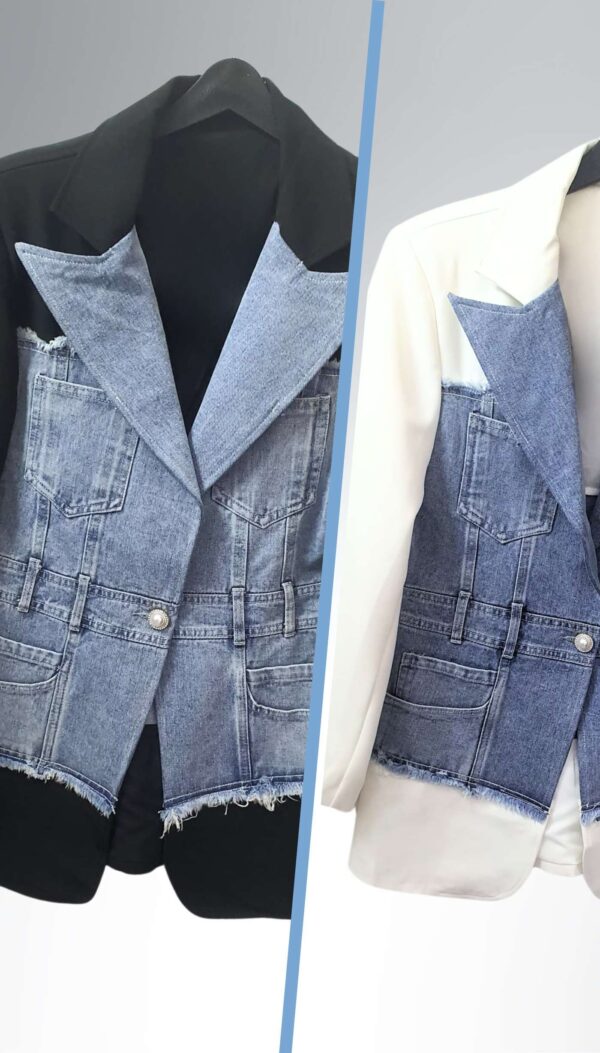Denim Detaylı Tek Düğmeli İthal Ceket (Siyah/Beyaz)