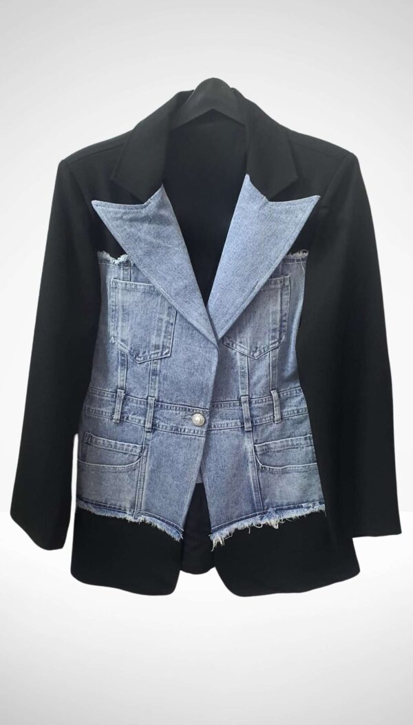 Denim Detaylı Tek Düğmeli İthal Ceket (Siyah/Beyaz) - Görsel 2