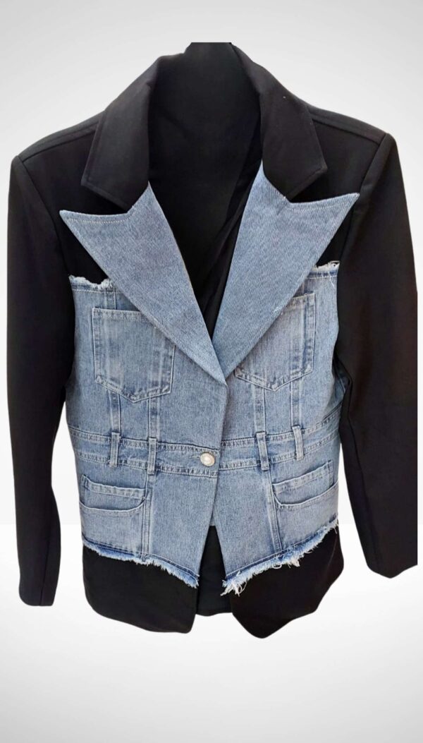 Denim Detaylı Tek Düğmeli İthal Ceket (Siyah/Beyaz) - Görsel 3