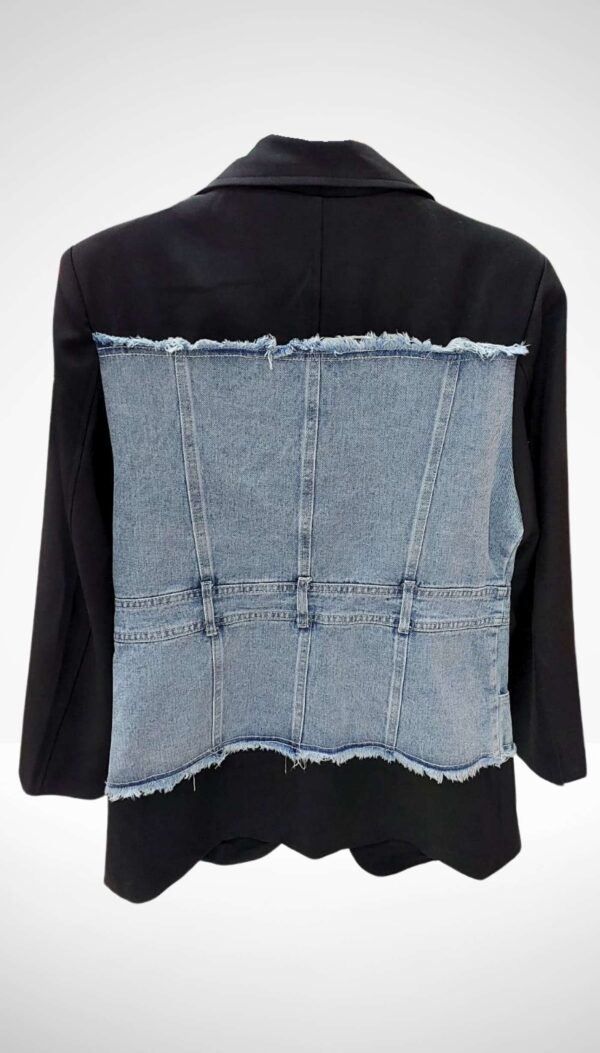 Denim Detaylı Tek Düğmeli İthal Ceket (Siyah/Beyaz) - Görsel 4