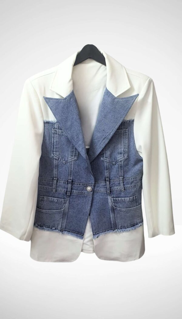 Denim Detaylı Tek Düğmeli İthal Ceket (Siyah/Beyaz) - Görsel 5