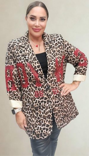 Yazı Detaylı Astarlı Bol Kesim Leopar Ceket (İthal)