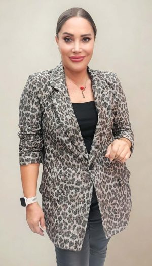 Tek Düğmeli Parlak Leopar Ceket (İthal)