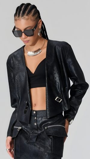 Krokodil Deri Önü Kemerli Arkası Büzgülü Kısa Ceket