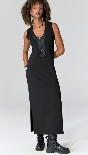 Yakası Deri Ve Zımba Detaylı Yırtmaçlı Kolsuz Elbise