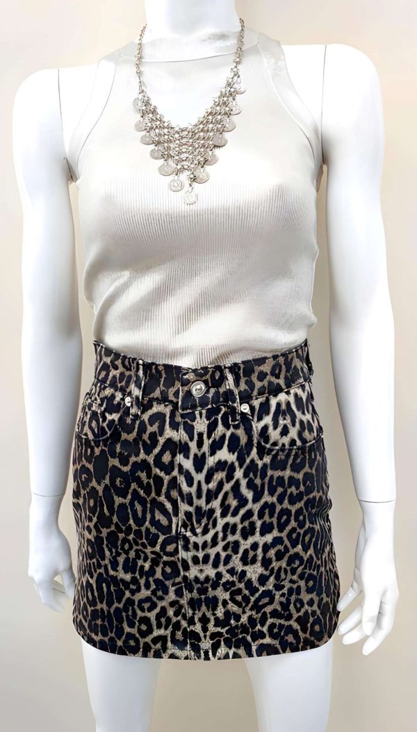 Leopar Desen Denim Kumaş Mini Etek - Görsel 3