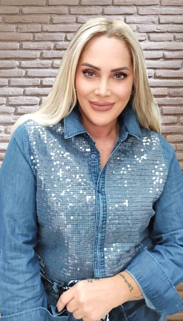 Önü Payetli Denim Gömlek