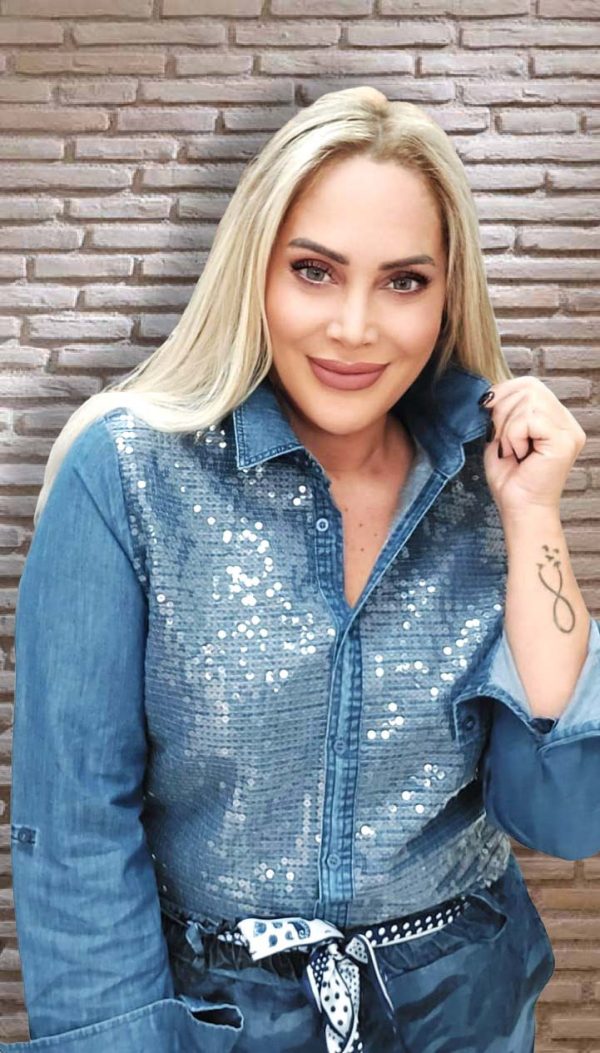 Önü Payetli Denim Gömlek - Görsel 2