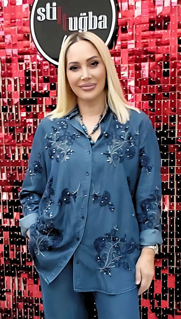 Payet İşlemeli Denim Lacivert Gömlek - Görsel 2