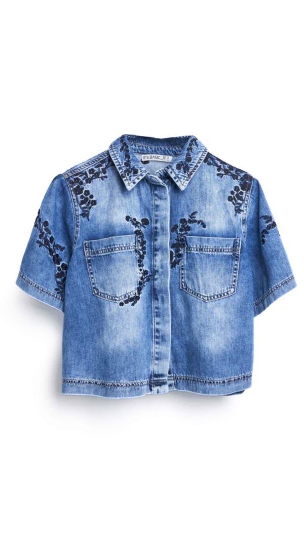 Nakış İşletmeli Kısa Kollu Kısa Denim Gömlek - Görsel 4