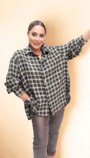 Oversize Gold Düğmeli Uzun Kollu Cepsiz Kareli Gömlek (İthal)