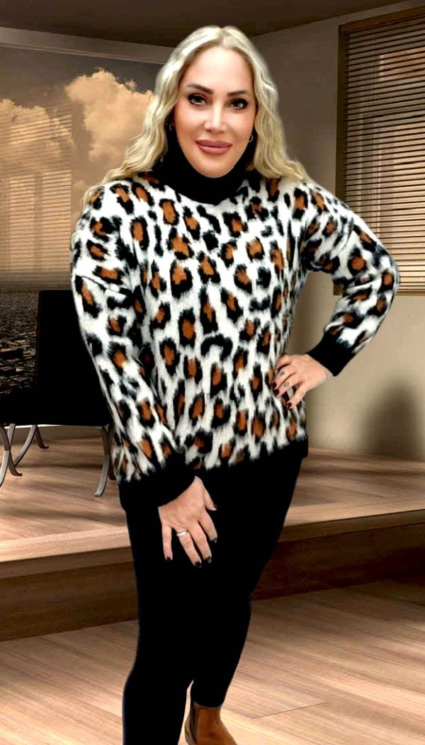 Leopar Desen Balıkçı Yaka Kazak