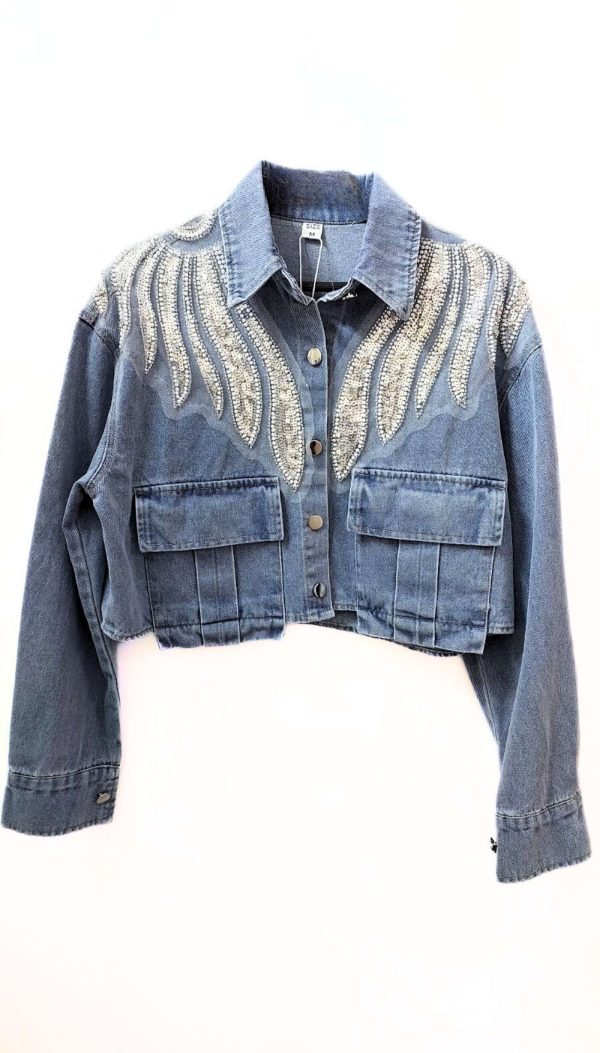 Dalgalı Payet İşlemeli Kısa Denim Mont (İthal) - Görsel 2