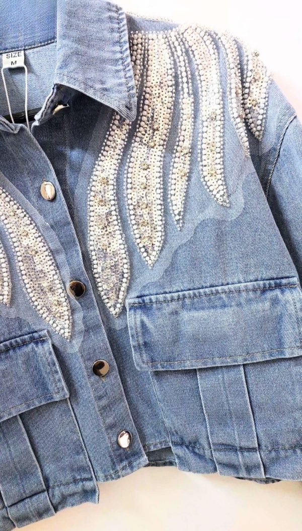 Dalgalı Payet İşlemeli Kısa Denim Mont (İthal) - Görsel 3