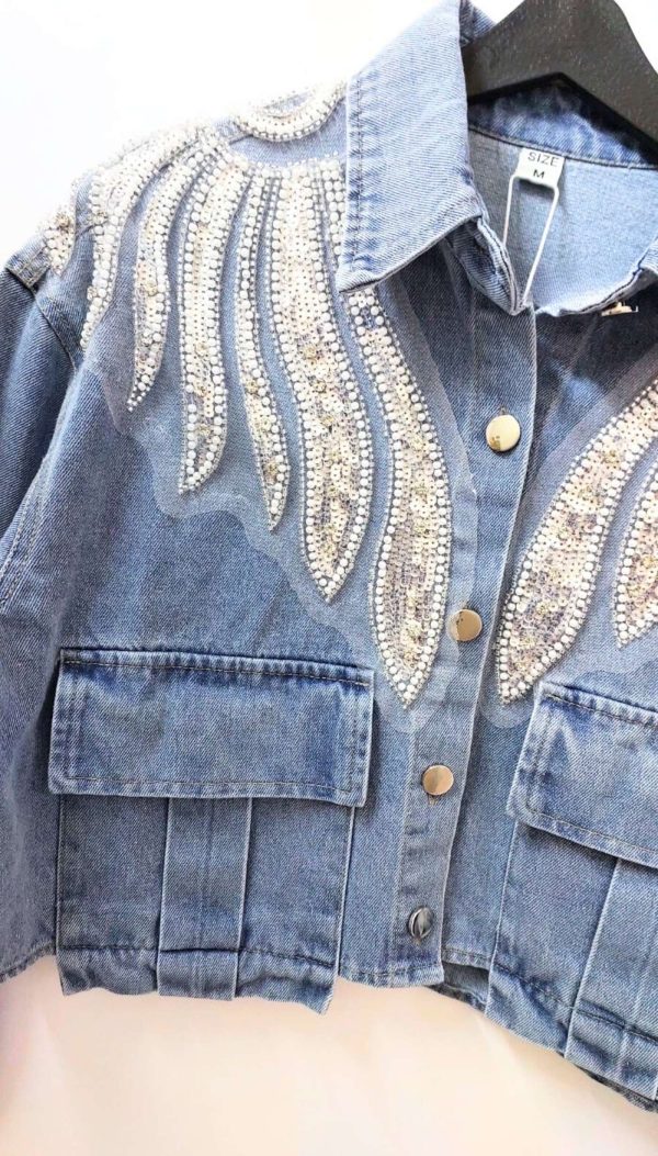 Dalgalı Payet İşlemeli Kısa Denim Mont (İthal) - Görsel 4