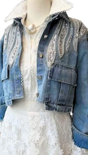 Dalgalı Payet İşlemeli Kısa Denim Mont (İthal)