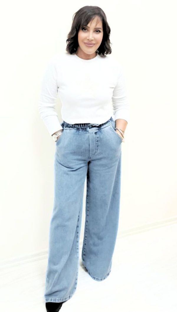 Beli Lastikli Bol Paça Mavi Denim Pantolon - Görsel 2