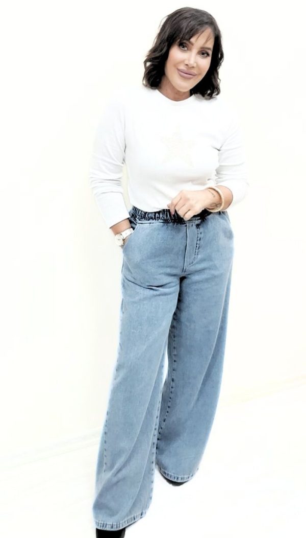 Beli Lastikli Bol Paça Mavi Denim Pantolon