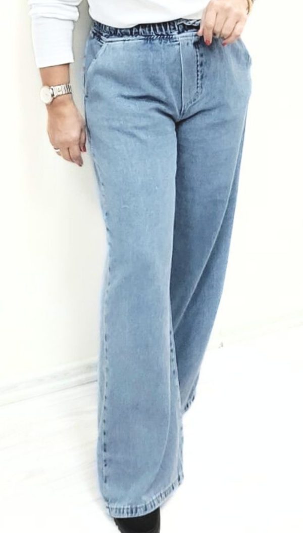 Beli Lastikli Bol Paça Mavi Denim Pantolon - Görsel 4
