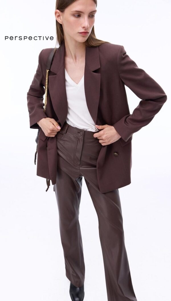 Dark Slim Fit Uzun Boy Kahverengi Deri Pantolon - Görsel 3