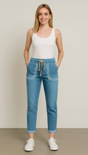 Beli Lastikli Bağlamalı Cepli Likralı İthal Denim Pantolon
