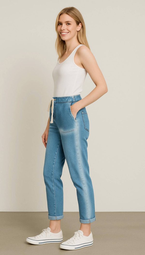 Beli Lastikli Bağlamalı Cepli Likralı İthal Denim Pantolon - Görsel 2
