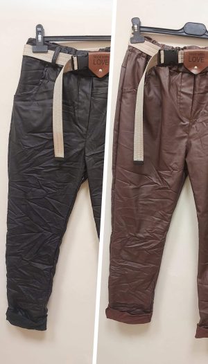 Deri Görünümlü Buruşuk Kumaş Ön-Arka Cepli Pantolon (İthal)