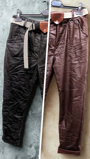 Beli Lastikli Kemer Detaylı Cepli Dar Paça Deri Pantolon (İthal)