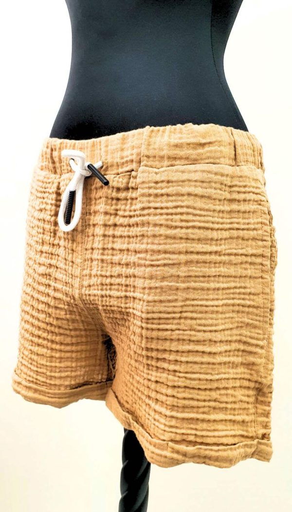 Muslin Kumaş Bağcıklı Cepli Şort (Camel) - Görsel 2