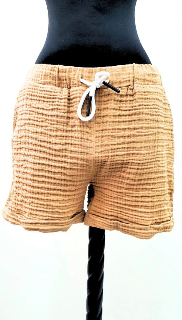 Muslin Kumaş Bağcıklı Cepli Şort (Camel) - Görsel 3