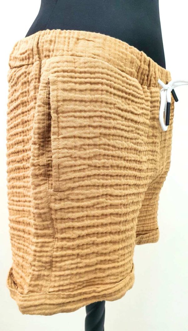 Muslin Kumaş Bağcıklı Cepli Şort (Camel)