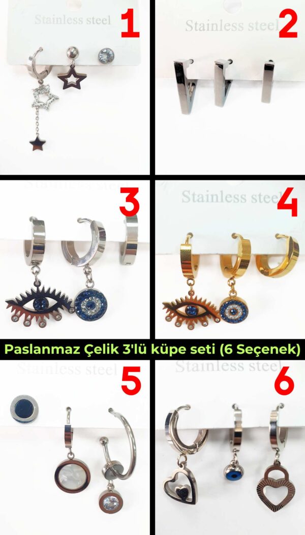 Paslanmaz Çelik 3'lü Küpe Seti (6 Seçenek) - KPE024
