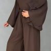 V Yaka Geniş Kol Bluzlu-Beli Lastikli Geniş Paça Pantolonlu Keten Takım (Ekru/Kahve) - Görsel 3