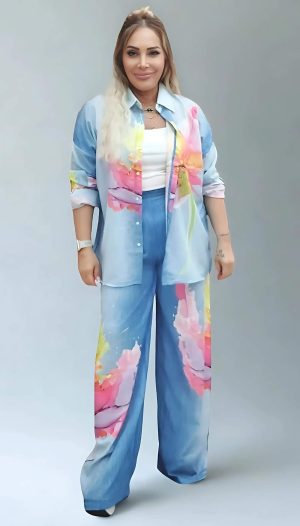 Uzun Kollu Gömlek-Beli Lastikli Pantolonlu Kot Görünümlü Takım