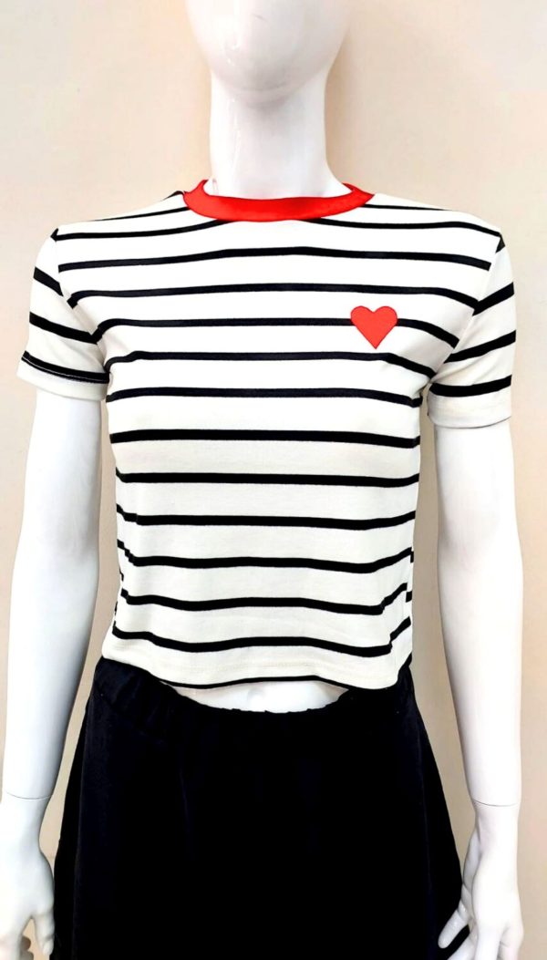 Çizgili Kalpli T-Shirt (Beyaz) - Görsel 3
