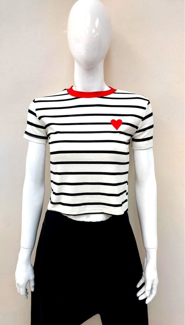 Çizgili Kalpli T-Shirt (Beyaz) - Görsel 5