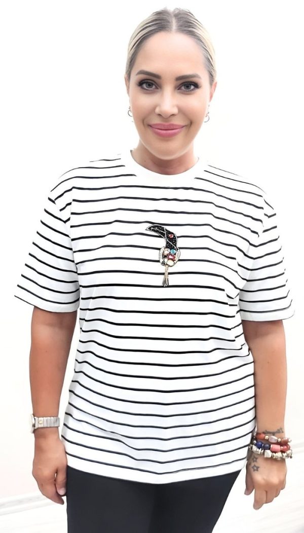Tukan Desenli Taşlı Siyah-Beyaz T-Shirt - Görsel 3