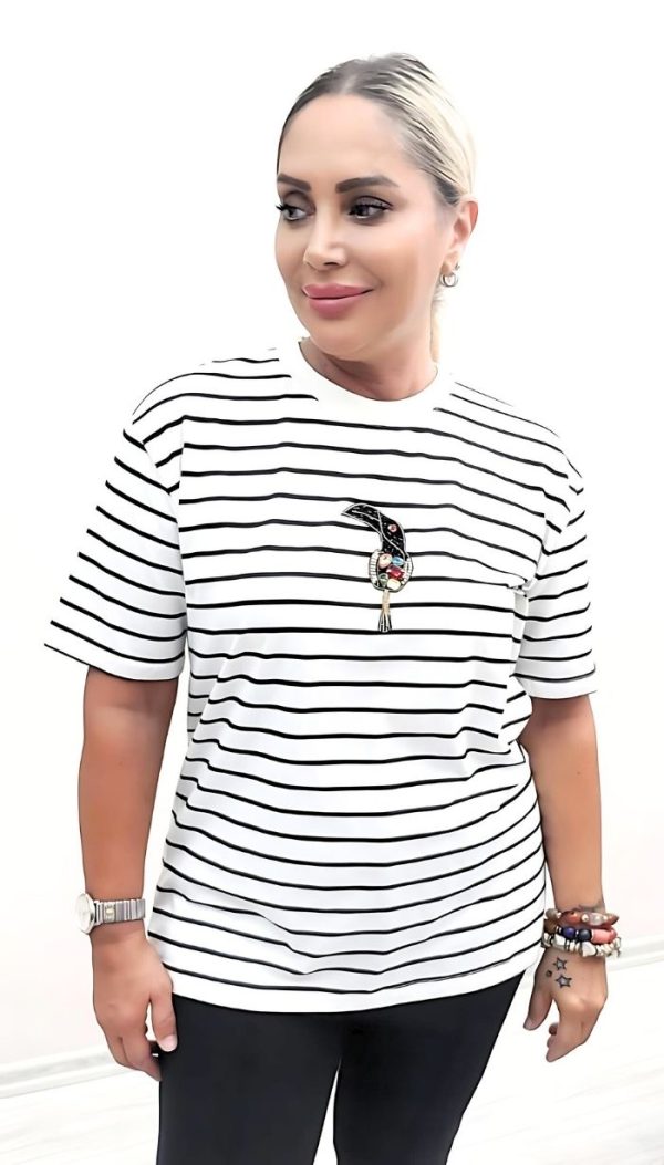 Tukan Desenli Taşlı Siyah-Beyaz T-Shirt