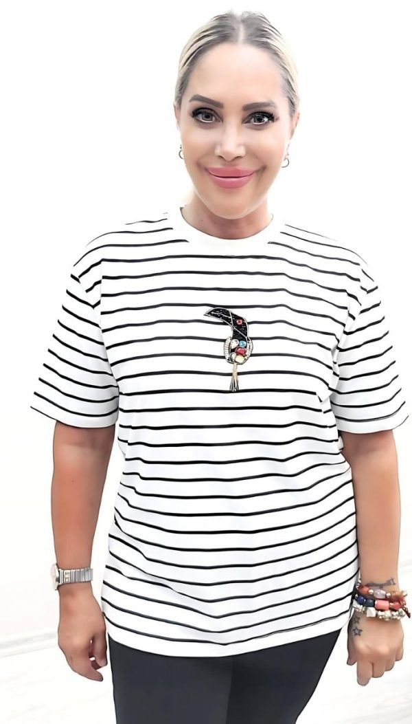 Tukan Desenli Taşlı Siyah-Beyaz T-Shirt - Görsel 4